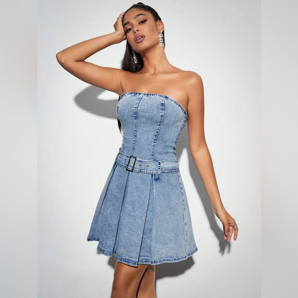 Strapless denim mini dress with belt Size Large